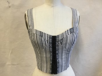 Womens, Top, LUCCA COUTURE, Off White, Black, Gray, Cotton, Diamonds, Stripes - Vertical , W:26, B:32, Cropped Top, Sweetheart Neckline, 1" Straps, Vertical Black Trim Hook & Eye Front Center, 3 Short 1" Horizontal Straps Cut Out Back,
