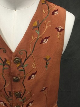 MTO, Apricot Orange, Red Burgundy, Silk, Floral, Apricot Ribbed Silk Front with Multi Color Embroidery, Ornate Brass Buttons, Snap Front, 2 Flap Front Pockets, Solid Burgundy Silk Back, Black Attached Back Belt, ***Light Faded, Seams Deteriorating, Hem Deteriorating
