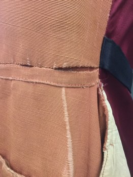 Mens, Historical Fiction Vest, MTO, Apricot Orange, Red Burgundy, Silk, Floral, 38, Apricot Ribbed Silk Front with Multi Color Embroidery, Ornate Brass Buttons, Snap Front, 2 Flap Front Pockets, Solid Burgundy Silk Back, Black Attached Back Belt, ***Light Faded, Seams Deteriorating, Hem Deteriorating
