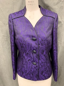 Womens, Suit, Jacket, LE SUIT, Purple, Black, Polyester, Paisley/Swirls, 8, Single Breasted, Rounded Neck, Black Piping at Yoke and Trim, 3 Buttons