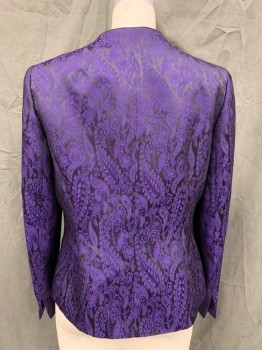 Womens, Suit, Jacket, LE SUIT, Purple, Black, Polyester, Paisley/Swirls, 8, Single Breasted, Rounded Neck, Black Piping at Yoke and Trim, 3 Buttons