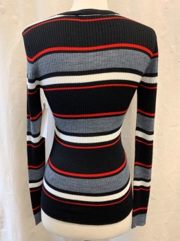 Womens, Top, FRAME, Black, Red, White, Gray, Wool, Acrylic, Stripes - Horizontal , XS, Crew Neck, Ribbed, Long Sleeves
