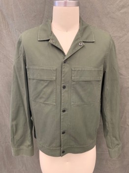 Mens, Casual Jacket, COS, Dk Green, Cotton, Solid, S, Black Snap Front, 4 Pockets, Collar Attached, Long Sleeves, Snap Cuff