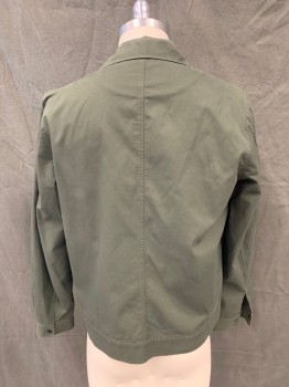 Mens, Casual Jacket, COS, Dk Green, Cotton, Solid, S, Black Snap Front, 4 Pockets, Collar Attached, Long Sleeves, Snap Cuff