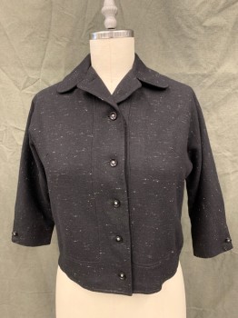 Womens, Jacket, N/L, Black, Wool, Speckled, W 34, B 38, Button Front, Black Buttons with Silver Ball Centers, Collar Attached, Dolman 3/4 Sleeve,