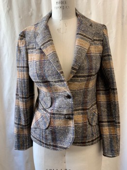 PEERLESS, Beige, Navy Blue, Beige, French Blue, Black, Wool, Tweed, Plaid, Notched Lapel, Single Breasted, 2 Buttons, 3 Pockets