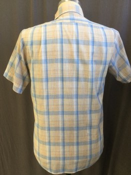 LEVI'S, Lt Brown, Lt Blue, Gray, Tan Brown, Polyester, Cotton, Plaid, Collar Attached, Button Front, 1 Pocket with Flap, Short Sleeves, Curved Hem