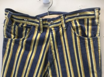 Mens, Pants, N/L, Denim Blue, Mustard Yellow, Yellow, Cotton, Stripes - Vertical , Ins:25, W:32, Twill, Boot Cut, Zip Fly, 5 Pockets, **Have Been Hemmed Quite Short