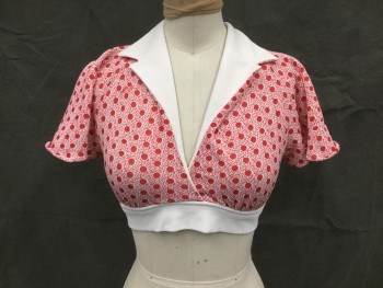 N/L, Red, White, Polyester, Dots, Speckled, Halter, Surplice, Crop Top, Raglan Flutter Short Sleeves, Notched Shawl Collar, Solid White Band to Tie Back