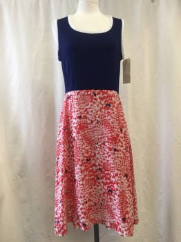 NO LABEL, Navy Blue, Red, White, Synthetic, Solid, Abstract , Ribbed Navy Top, White Round Neck Trim, Sleeveless, Red/ White/ Navy Abstract Print Skirt,