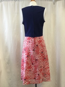 NO LABEL, Navy Blue, Red, White, Synthetic, Solid, Abstract , Ribbed Navy Top, White Round Neck Trim, Sleeveless, Red/ White/ Navy Abstract Print Skirt,