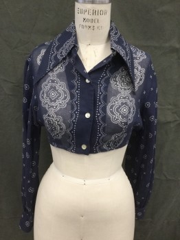 ADELAAR, Navy Blue, White, Polyester, Cotton, Floral, Sheer, Button Front, Crop Top, Self Tie Back, Collar Attached, Long Sleeves, Button Cuffs