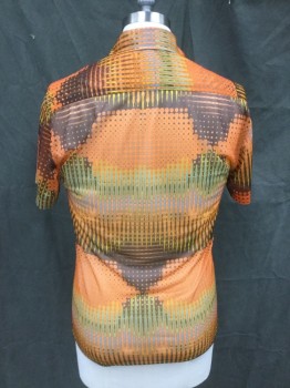 Mens, Club Shirt, E. MALE, Orange, Brown, Baby Blue, Yellow, Nylon, Dots, Abstract , M, Abstract with Dots, Button Front, Sheer, Collar Attached, Short Sleeves