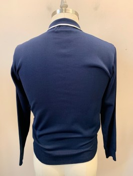 MARIO BELLUCCI, Navy Blue, White, Acrylic, Check , Stripes, Pull On, Polo Neck, Long Sleeves, Looks Like a V-neck Over a Polo Shirt, Rib Knit Collar Cuffs and Waistband, Illusive Stains on Front