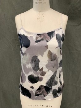 Womens, Top, HELMUT LANG, Gray, Dk Gray, White, Silk, Abstract , S, Abstract Leaf Pattern, Raw Scoop Neck, Silver Spaghetti Straps, Side Seam Slits