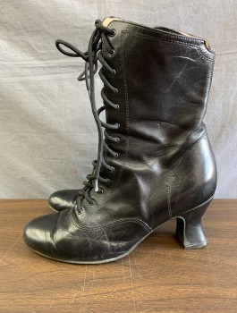 LA DUCA, Black, Leather, Solid, Mid Calf Length, Lace Up, Side Zipper, Curved 2.5" Heel, Victorian Inspired Reproduction, Dance Shoe