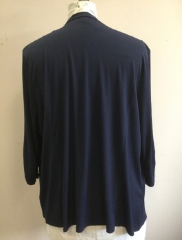 Womens, Sweater, JACLYN SMITH, Navy Blue, Polyester, Spandex, Solid, 2X, Stretch Material, 3/4 Sleeves with Ruching at Cuffs, Open at Center Front with No Closures, Uneven/High Low Hemline