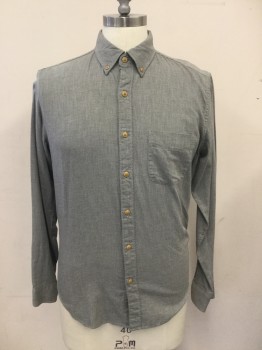 J. CREW, Heather Gray, Cotton, Solid, Button Front, Collar Attached, Button Down Collar, Long Sleeves, 1 Pocket