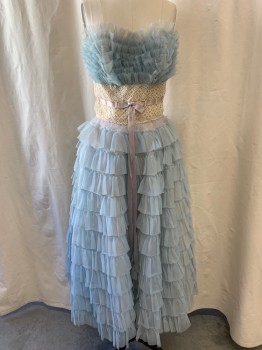 Womens, Cocktail Dress, FOX22, Sky Blue, Nylon, Rayon, Strapless, Sweetheart Neckline, All Over Ruffles, Zip Back, Ivory Floral Crochet Panel on Waist with Gray Ribbon Woven Through Tied Into Bow on Front, Ankle Length