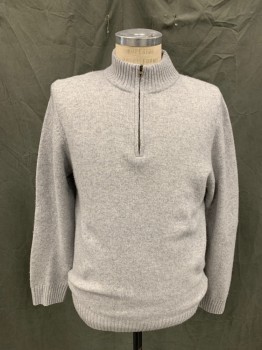 Mens, Pullover Sweater, BILLY REID, Lt Gray, Cashmere, Heathered, L, 1/4 Zip Front, Mock Ribbed Knit Neck, Ribbed Knit Waistband/Cuff
