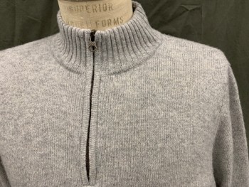 Mens, Pullover Sweater, BILLY REID, Lt Gray, Cashmere, Heathered, L, 1/4 Zip Front, Mock Ribbed Knit Neck, Ribbed Knit Waistband/Cuff