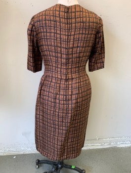 Womens, 1960s Vintage, Suit, Dress, ANNIE COUTURE, Brown, Black, Silk, Geometric, W:31, B:38, H:42, Painterly Rectangles Print, 3/4 Sleeves, Round Neck with Notch at Center, Horizontal Pleat/Mini Peplum at Waist, Straight Fit, Hem Below Knee,