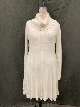 Womens, Dress, Long & 3/4 Sleeve, CALVIN KLEIN, Off White, Acrylic, Solid, L, Scoop Turtleneck, Ribbed Knit Upper and Sleeves, Long Sleeves, Knit Striped Skirt, Hem Below Knee,
