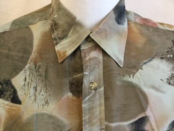 WENNAS, Lt Olive Grn, Brown, Orange, Olive Green, Black, Polyester, Abstract , Collar Attached, Button Front, 1 Pocket, Long Sleeves, (frayed Stitches Near Right Cuff)