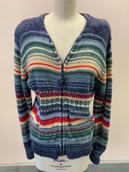 Womens, Sweater, TIARA, Navy Blue, Lt Blue, Green, Beige, Red, Ramie, Cotton, Stripes - Horizontal , S, Knit, V-N, Zip Front, Padded Shoulders