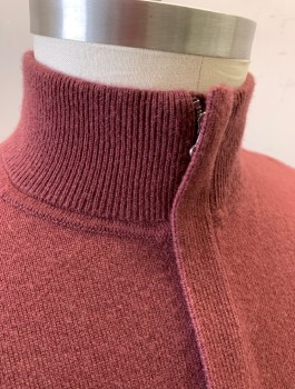 Mens, Pullover Sweater, THEORY, Red Burgundy, Wool, Solid, L, Knit, Rib Knit Stand Collar & Partial Zip at CF Neck, L/S