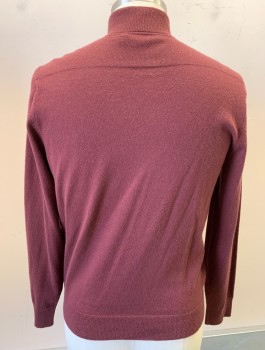 Mens, Pullover Sweater, THEORY, Red Burgundy, Wool, Solid, L, Knit, Rib Knit Stand Collar & Partial Zip at CF Neck, L/S