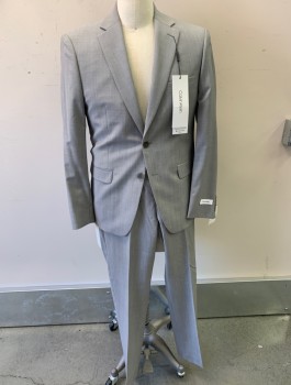 CALVIN KLEIN, Lt Gray, Wool, Solid, Notched Lapel, 2 Button Front, 2 Aux Pockets 2  Back Vents