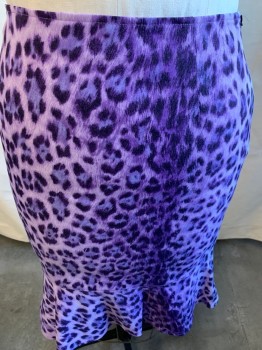 MOSCHINO, Purple, Lilac Purple, Nylon, Elastane, Animal Print, Pencil Skirt, Ruffled Bottom, Leopard Pattern, Zipper at Side
