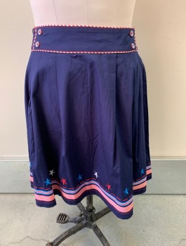 Womens, Skirt, Knee Length, ROSALITA MCGEE, Navy Blue, Cotton, Spandex, M, A-Line Skirt, Red & White Stripe Piping, Red Stitching,  Red, Blue, White Embroidered Stars