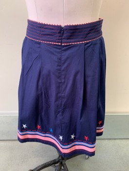 Womens, Skirt, Knee Length, ROSALITA MCGEE, Navy Blue, Cotton, Spandex, M, A-Line Skirt, Red & White Stripe Piping, Red Stitching,  Red, Blue, White Embroidered Stars