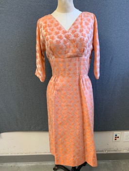 Womens, Cocktail Dress, NO LABEL, Orange, Off White, Synthetic, Leaves/Vines , 2 Color Weave, W: 28, B: 38, V-neck, Wide Waistband, 3/4 Sleeves, Pleated Skirt, Zip Back