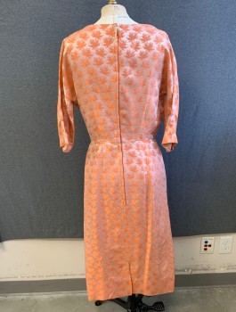 NO LABEL, Orange, Off White, Synthetic, Leaves/Vines , 2 Color Weave, V-neck, Wide Waistband, 3/4 Sleeves, Pleated Skirt, Zip Back