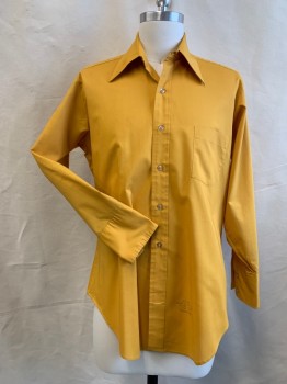 SEARS, Goldenrod Yellow, Polyester, Cotton, Solid, Button Front, Pointy Collar Attached, Long Sleeves, Button Cuff, 1 Pocket