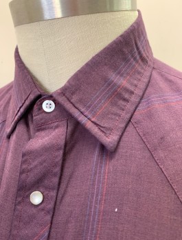 ELY CATTLEMAN, Red Burgundy, Blue, Red, Poly/Cotton, Stripes - Pin, L/S, Snap Front, Collar Attached, Western Style Yoke, 2 Pockets With Flaps