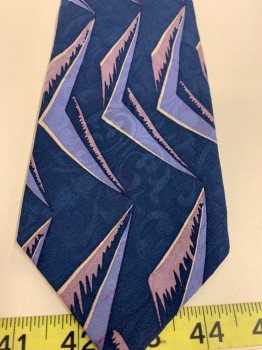 Mens, Tie, ADOLFO COUTURE, Dk Blue, Lavender Purple, Dusty Lavender, Lt Gray, Silk, Novelty Pattern, Abstract , O/S, Four in Hand