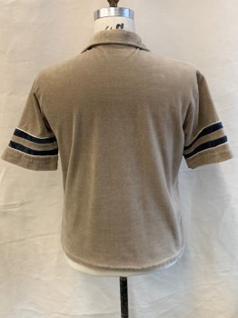 Mens, Casual Shirt, L A TIMES, Taupe, Dk Gray, Cream, Polyester, Color Blocking, C 44, XL, C.A., V-N, S/S, Stripe & Piping Across Chest & On Sleeves
