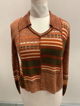 Womens, Sweater, SHERIDAN, Sienna Brown, Forest Green, Burnt Orange, Forest Green, Acrylic, Stripes, Heathered, B38, L V-N With Collar, Stripes And Stripes With Dashes