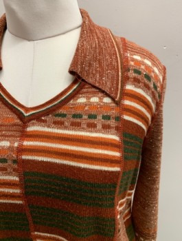 SHERIDAN, Sienna Brown, Forest Green, Burnt Orange, Forest Green, Acrylic, Stripes, Heathered, L V-N With Collar, Stripes And Stripes With Dashes