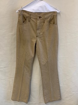 Mens, Jeans, WRANGLER, Sand, Cotton, Solid, 32, 29, Zip Front, Belt Loops, 3 Pckts, Brown Top Stitching, 2 Back Pckts (Hole In Right Back Pckt)