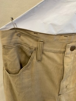 Mens, Jeans, WRANGLER, Sand, Cotton, Solid, 32, 29, Zip Front, Belt Loops, 3 Pckts, Brown Top Stitching, 2 Back Pckts (Hole In Right Back Pckt)