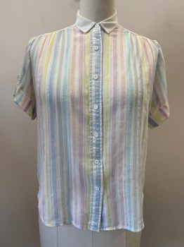 Womens, Shirt, DON KENNY, White, Lt Pink, Lt Yellow, Lt Blue, Polyester, Cotton, Stripes, 14, S/S, Button Front, Collar Attached, Transparent