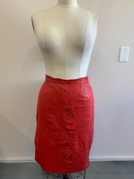 Womens, Skirt, NO LABEL, Red, Leather, Solid, H42, W36, Pencil Skirt, CF Leather Floral Applique, CB Zipper, CB Slit
