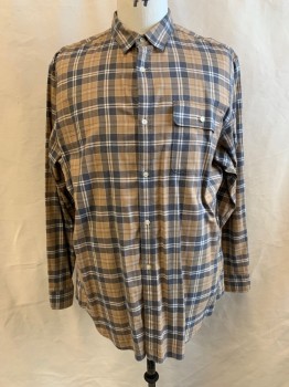 BANANA REPUBLIC, Lt Brown, Gray, White, Cotton, Plaid, Button Front, Collar Attached, 1 Patch Flap Pocket, Long Sleeves, Button Cuff, Multiple
