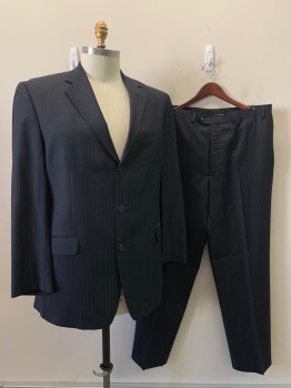 Mens, Suit, Jacket, Calvin Klein, Midnight Blue, White, Wool, Stripes - Pin, 44 L, Notched Lapel, 3 Buttons, 3 Pockets,