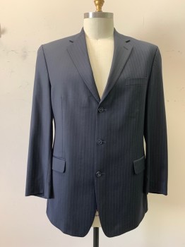 Calvin Klein, Midnight Blue, White, Wool, Stripes - Pin, Notched Lapel, 3 Buttons, 3 Pockets,